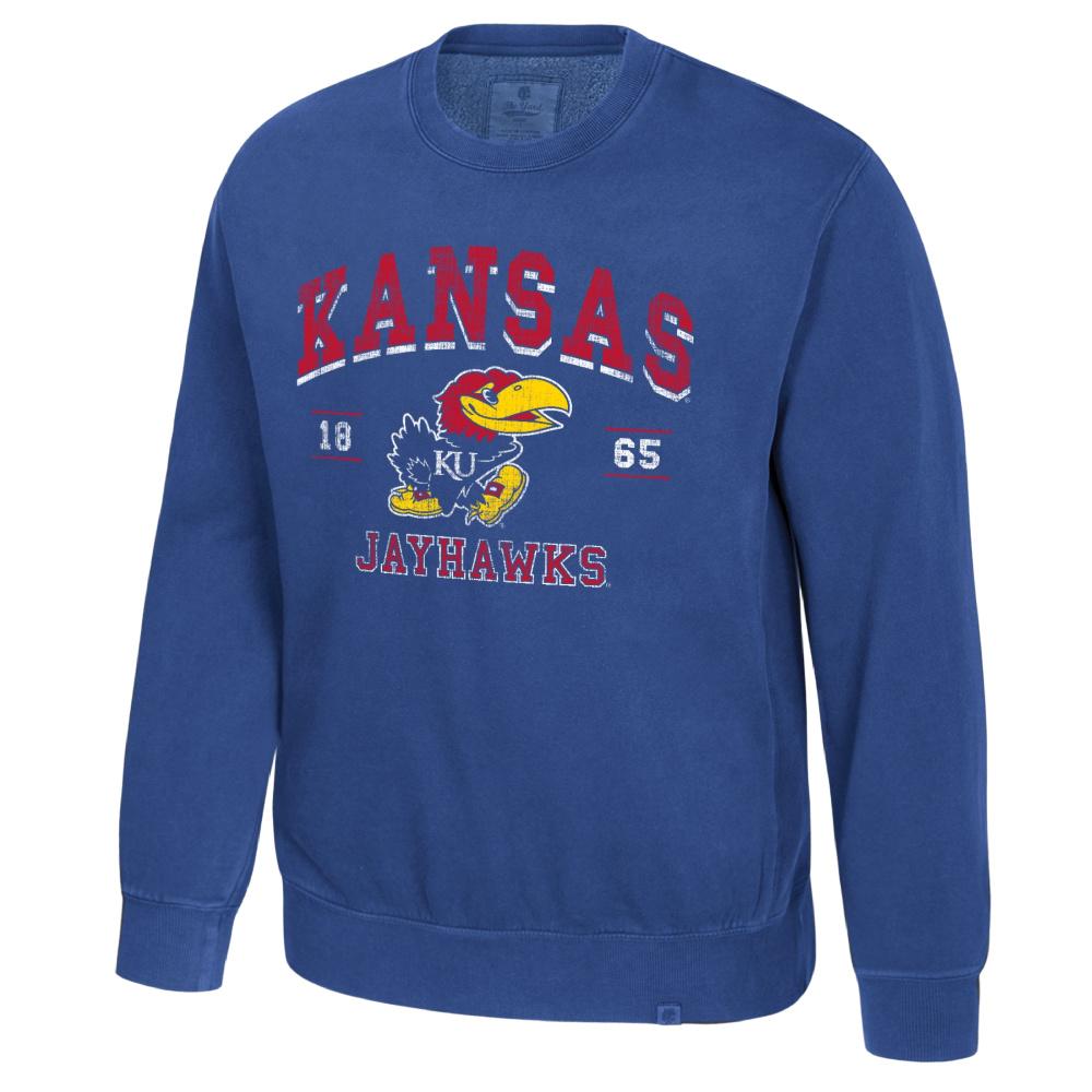 Distressed Printed Kansas Jayhawks Fleece Crew